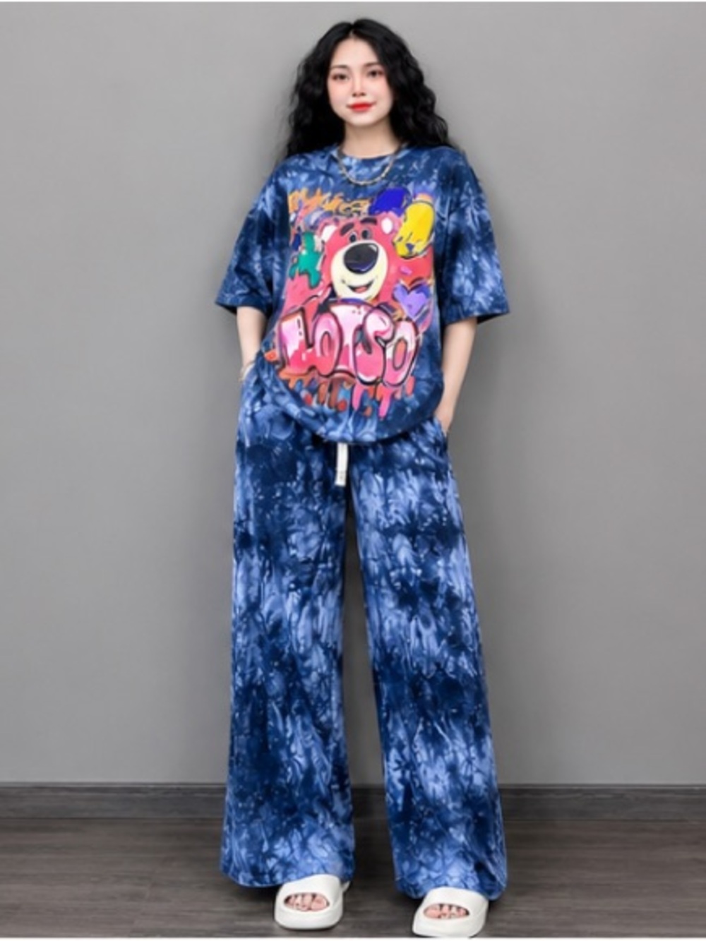 Pijamas Tie-Dye Wide Leg Pants & Graphic Tee Set - Blue